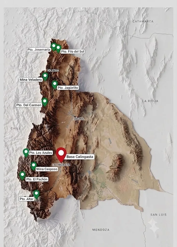 Mapa de ubicación de la Base Calingasta de ISMAEL S.A. en la zona cordillerana de San Juan